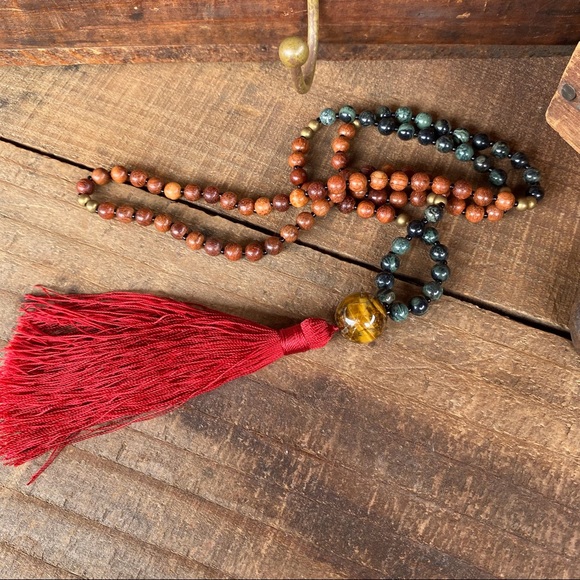✨GREEN JASPER/ROSEWOOD/TIGER EYE MALA NECKLACE - Picture 3 of 16